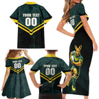 Personalised Kangaroos Rugby Family Matching Short Sleeve Bodycon Dress and Hawaiian Shirt Australia Rugby Mascot Green Gold Sport