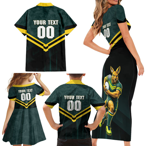 Personalised Kangaroos Rugby Family Matching Short Sleeve Bodycon Dress and Hawaiian Shirt Australia Rugby Mascot Green Gold Sport