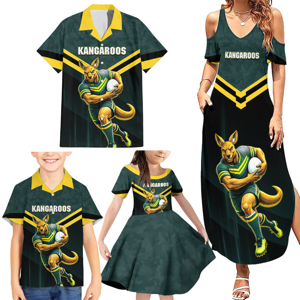 Personalised Kangaroos Rugby Family Matching Summer Maxi Dress and Hawaiian Shirt Australia Rugby Mascot Green Gold Sport