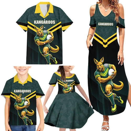Personalised Kangaroos Rugby Family Matching Summer Maxi Dress and Hawaiian Shirt Australia Rugby Mascot Green Gold Sport