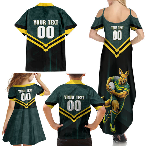 Personalised Kangaroos Rugby Family Matching Summer Maxi Dress and Hawaiian Shirt Australia Rugby Mascot Green Gold Sport