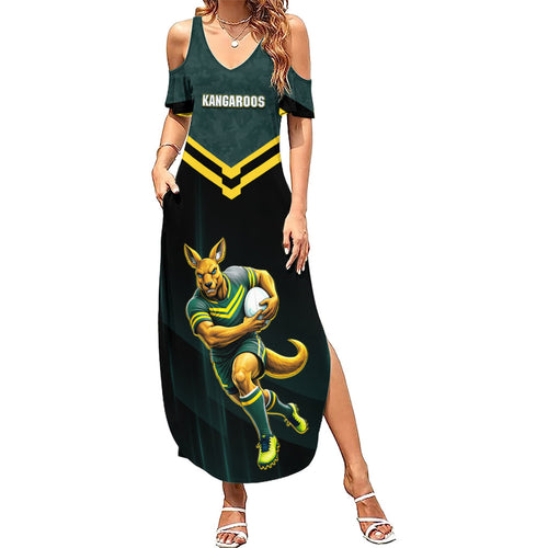 Personalised Kangaroos Rugby Family Matching Summer Maxi Dress and Hawaiian Shirt Australia Rugby Mascot Green Gold Sport