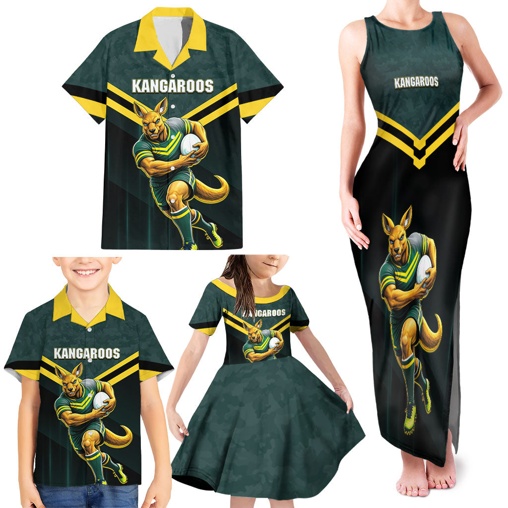 Personalised Kangaroos Rugby Family Matching Tank Maxi Dress and Hawaiian Shirt Australia Rugby Mascot Green Gold Sport