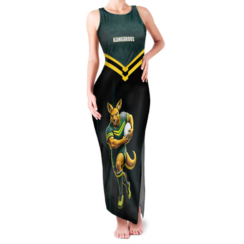 Personalised Kangaroos Rugby Family Matching Tank Maxi Dress and Hawaiian Shirt Australia Rugby Mascot Green Gold Sport