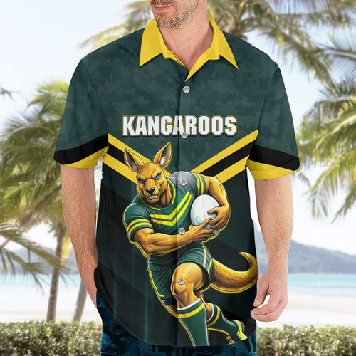 Personalised Kangaroos Rugby Hawaiian Shirt Australia Rugby Mascot Green Gold Sport