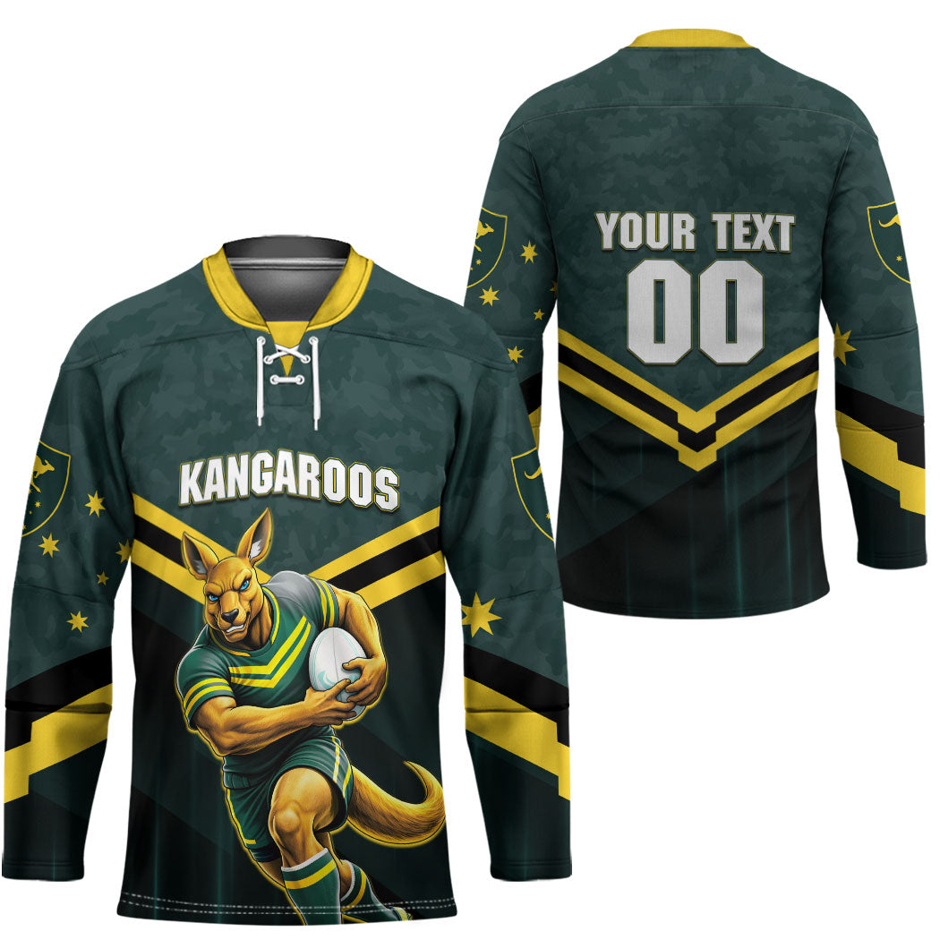 Personalised Kangaroos Rugby Hockey Jersey Australia Rugby Mascot Green Gold Sport