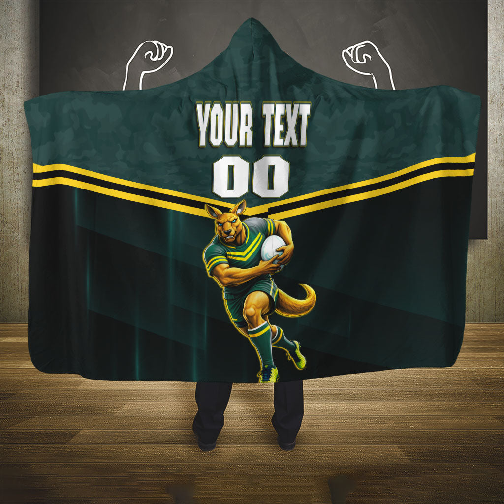 Personalised Kangaroos Rugby Hooded Blanket Australia Rugby Mascot Green Gold Sport