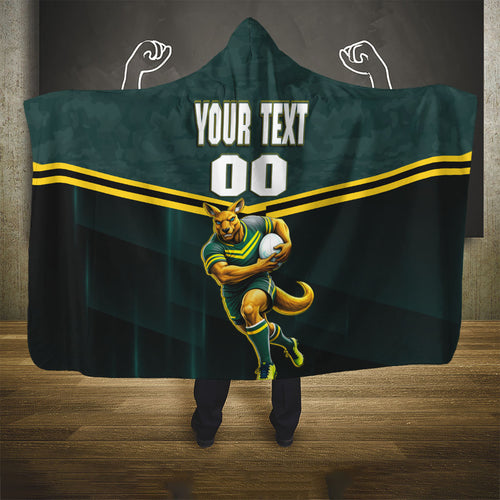 Personalised Kangaroos Rugby Hooded Blanket Australia Rugby Mascot Green Gold Sport