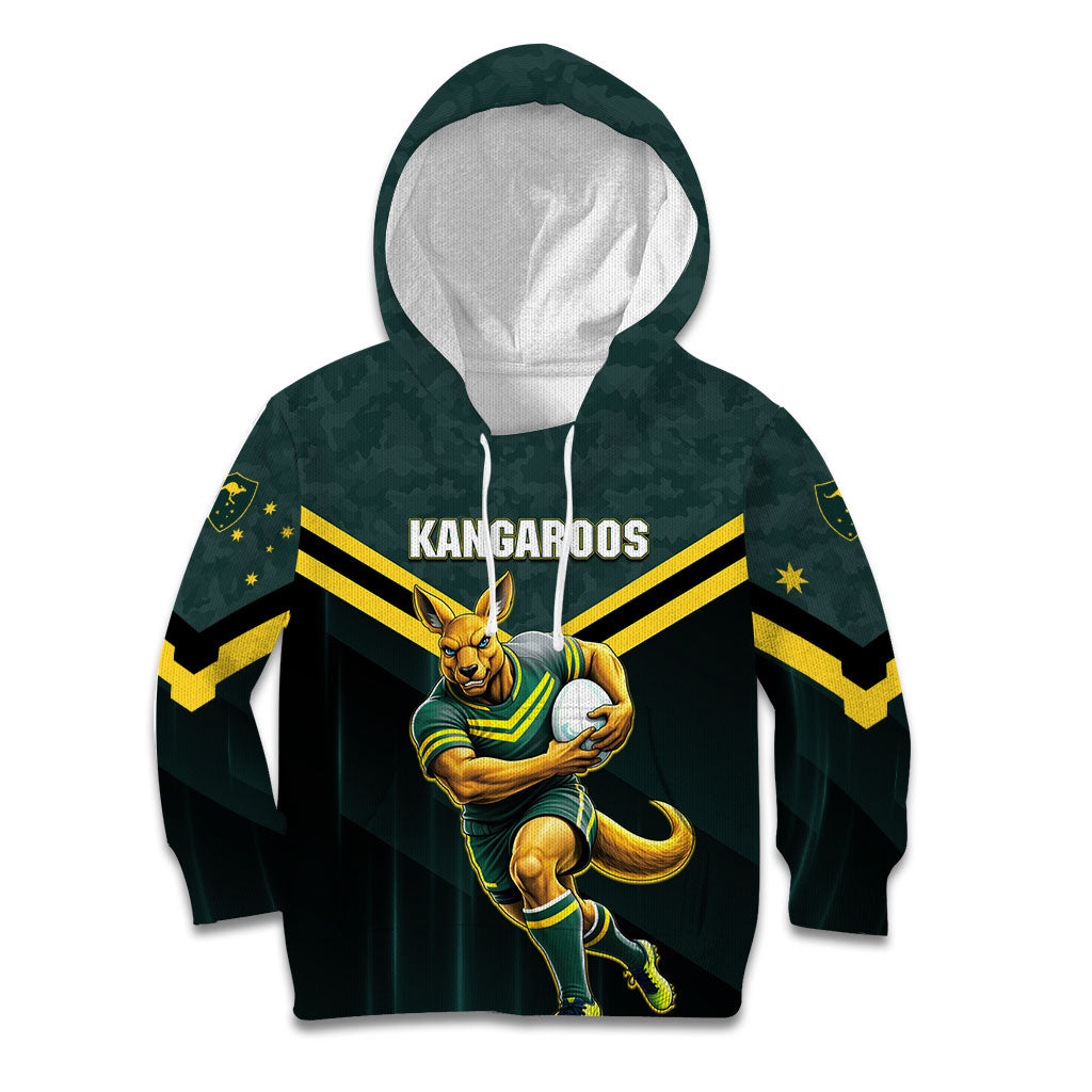 Personalised Kangaroos Rugby Kid Hoodie Australia Rugby Mascot Green Gold Sport