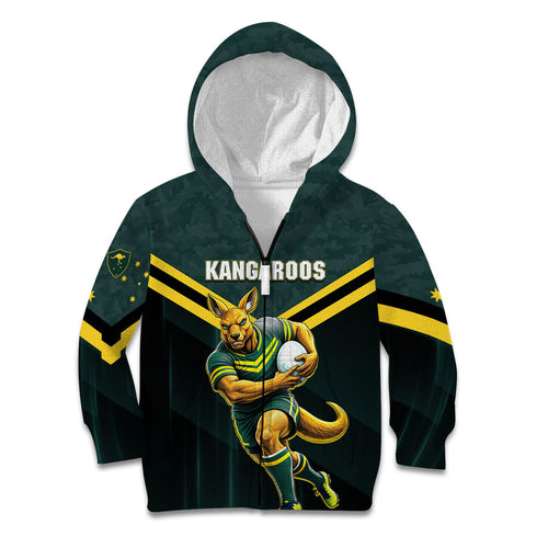 Personalised Kangaroos Rugby Kid Hoodie Australia Rugby Mascot Green Gold Sport