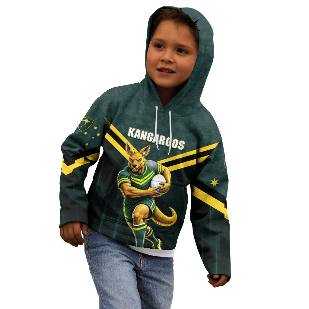 Personalised Kangaroos Rugby Kid Hoodie Australia Rugby Mascot Green Gold Sport