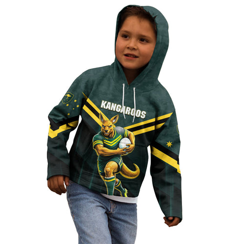 Personalised Kangaroos Rugby Kid Hoodie Australia Rugby Mascot Green Gold Sport