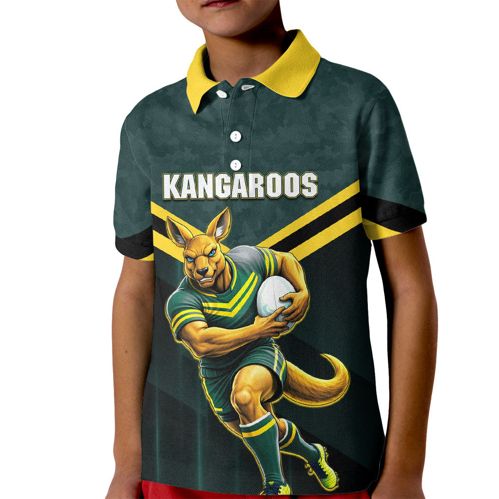 Personalised Kangaroos Rugby Kid Polo Shirt Australia Rugby Mascot Green Gold Sport