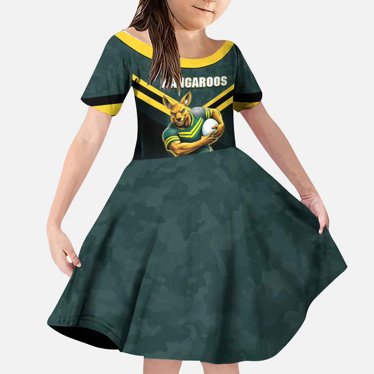 Personalised Kangaroos Rugby Kid Short Sleeve Dress Australia Rugby Mascot Green Gold Sport