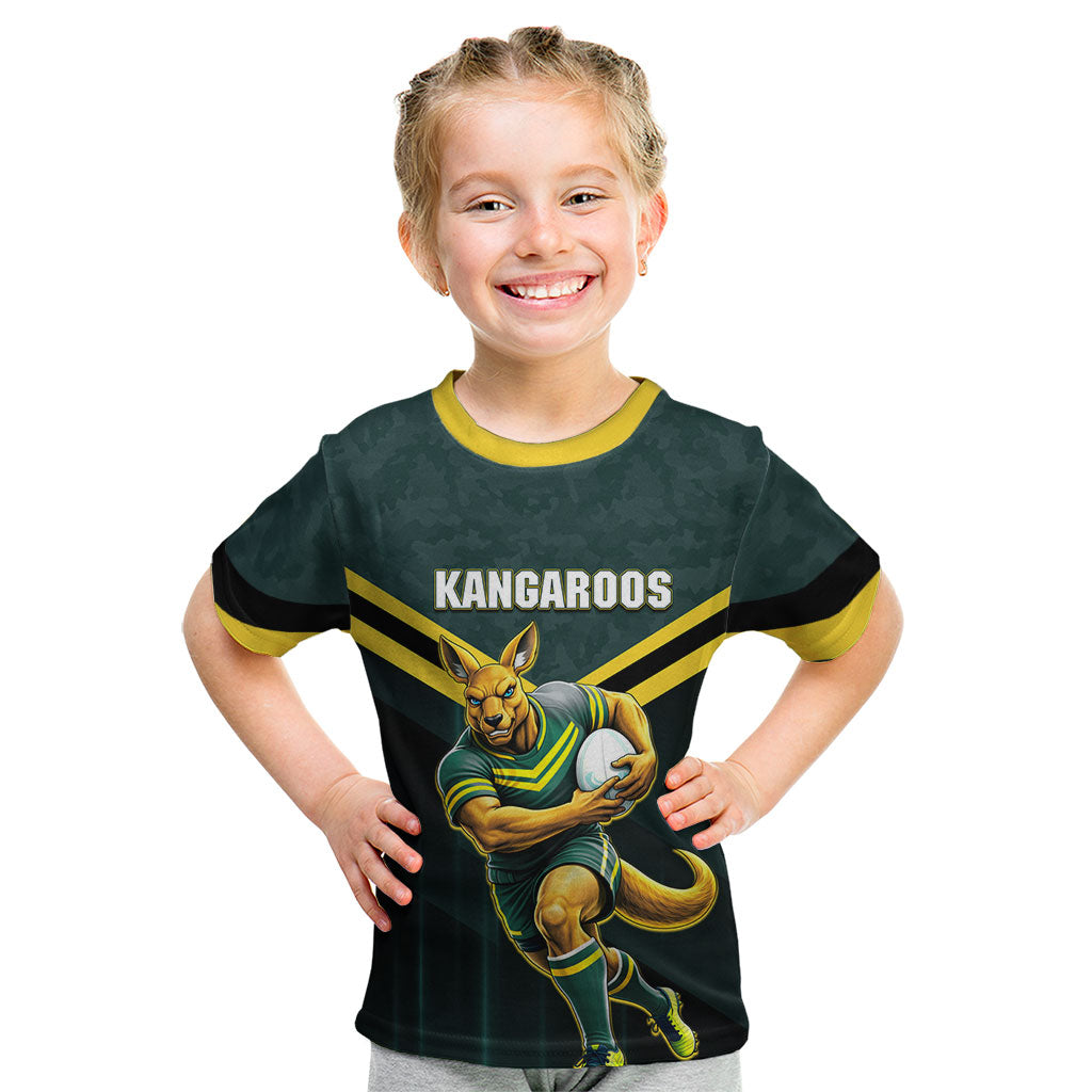 Personalised Kangaroos Rugby Kid T Shirt Australia Rugby Mascot Green Gold Sport