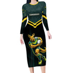 Personalised Kangaroos Rugby Long Sleeve Bodycon Dress Australia Rugby Mascot Green Gold Sport