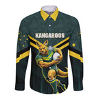 Personalised Kangaroos Rugby Long Sleeve Button Shirt Australia Rugby Mascot Green Gold Sport