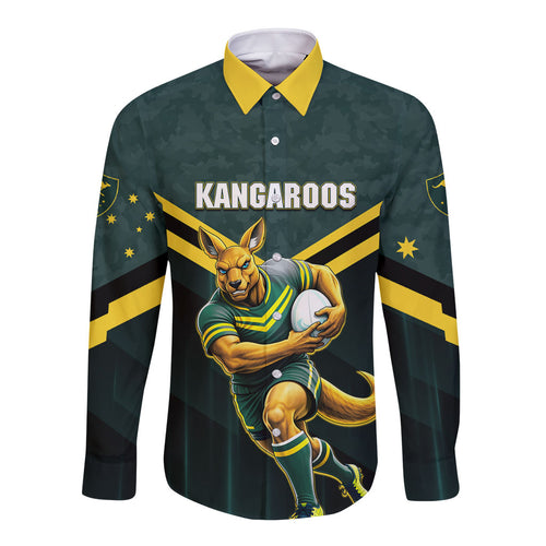 Personalised Kangaroos Rugby Long Sleeve Button Shirt Australia Rugby Mascot Green Gold Sport