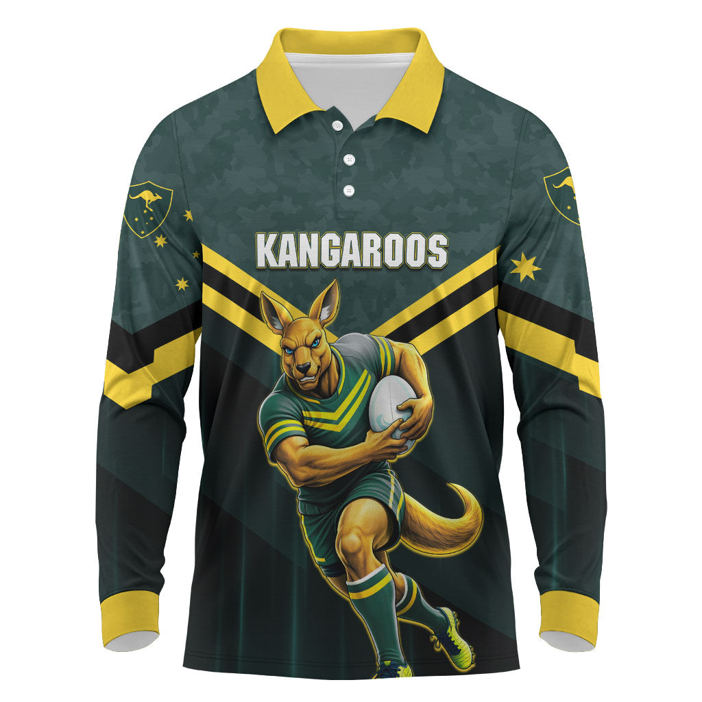 Personalised Kangaroos Rugby Long Sleeve Polo Shirt Australia Rugby Mascot Green Gold Sport