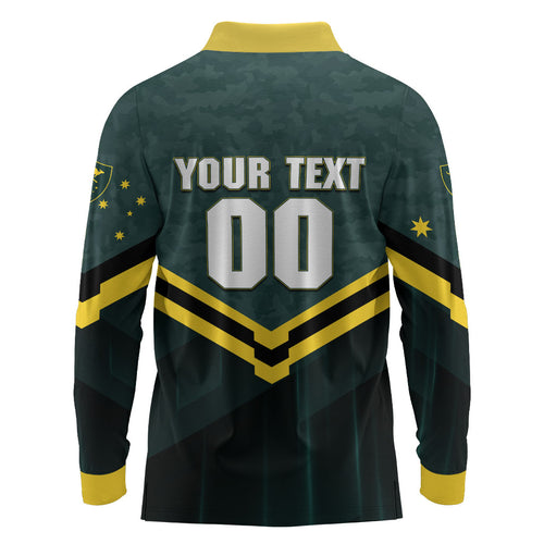 Personalised Kangaroos Rugby Long Sleeve Polo Shirt Australia Rugby Mascot Green Gold Sport
