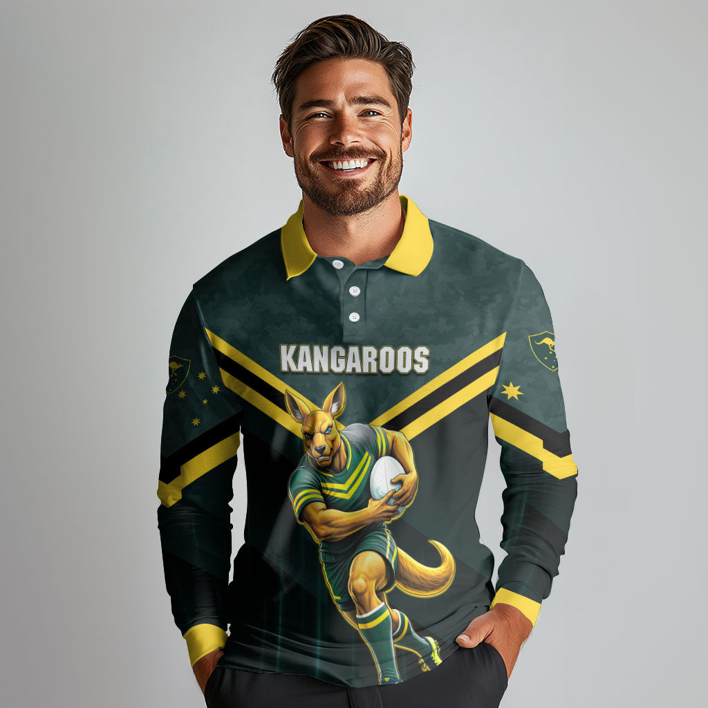 Personalised Kangaroos Rugby Long Sleeve Polo Shirt Australia Rugby Mascot Green Gold Sport