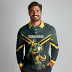 Personalised Kangaroos Rugby Long Sleeve Polo Shirt Australia Rugby Mascot Green Gold Sport