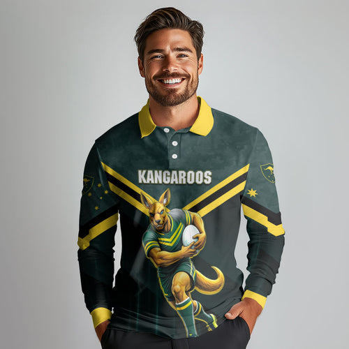 Personalised Kangaroos Rugby Long Sleeve Polo Shirt Australia Rugby Mascot Green Gold Sport