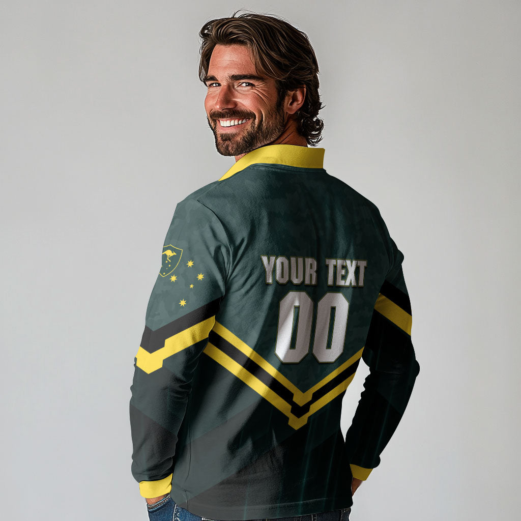 Personalised Kangaroos Rugby Long Sleeve Polo Shirt Australia Rugby Mascot Green Gold Sport