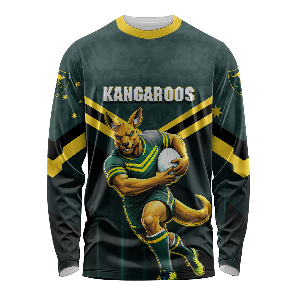 Personalised Kangaroos Rugby Long Sleeve Shirt Australia Rugby Mascot Green Gold Sport