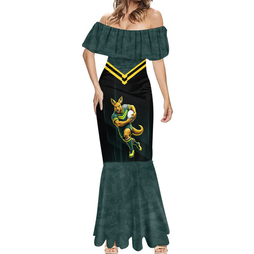 Personalised Kangaroos Rugby Mermaid Dress Australia Rugby Mascot Green Gold Sport