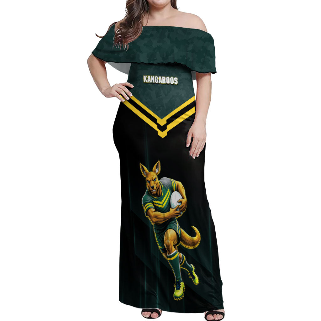 Personalised Kangaroos Rugby Off Shoulder Maxi Dress Australia Rugby Mascot Green Gold Sport