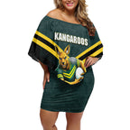 Personalised Kangaroos Rugby Off Shoulder Short Dress Australia Rugby Mascot Green Gold Sport
