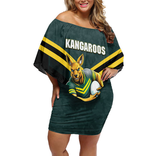 Personalised Kangaroos Rugby Off Shoulder Short Dress Australia Rugby Mascot Green Gold Sport