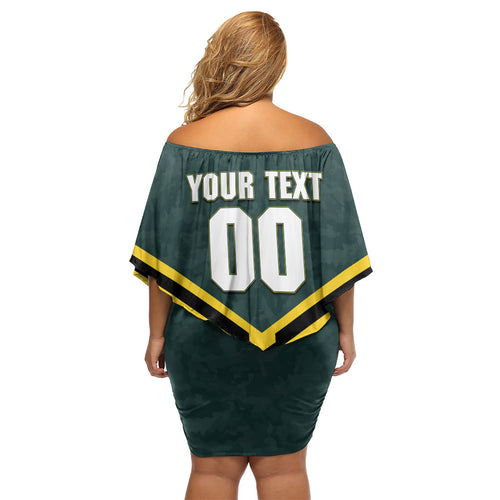 Personalised Kangaroos Rugby Off Shoulder Short Dress Australia Rugby Mascot Green Gold Sport