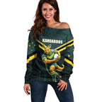 Personalised Kangaroos Rugby Off Shoulder Sweater Australia Rugby Mascot Green Gold Sport
