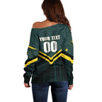Personalised Kangaroos Rugby Off Shoulder Sweater Australia Rugby Mascot Green Gold Sport