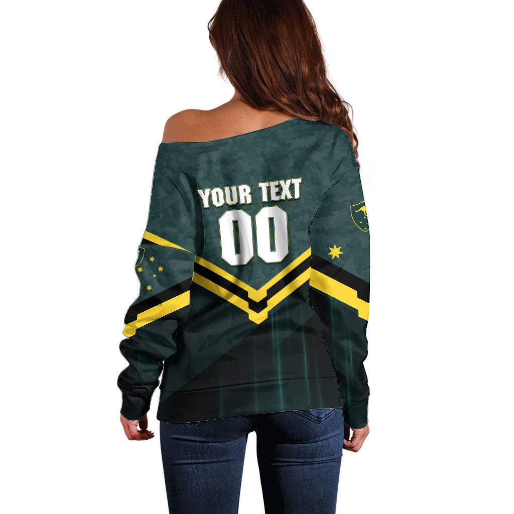 Personalised Kangaroos Rugby Off Shoulder Sweater Australia Rugby Mascot Green Gold Sport