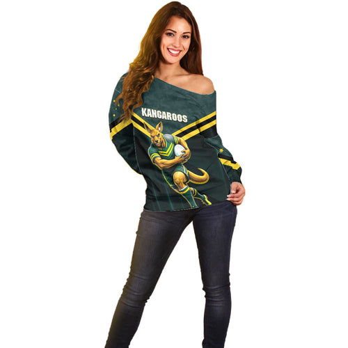 Personalised Kangaroos Rugby Off Shoulder Sweater Australia Rugby Mascot Green Gold Sport