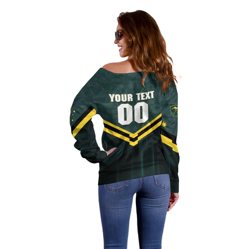 Personalised Kangaroos Rugby Off Shoulder Sweater Australia Rugby Mascot Green Gold Sport