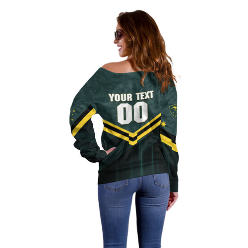 Personalised Kangaroos Rugby Off Shoulder Sweater Australia Rugby Mascot Green Gold Sport