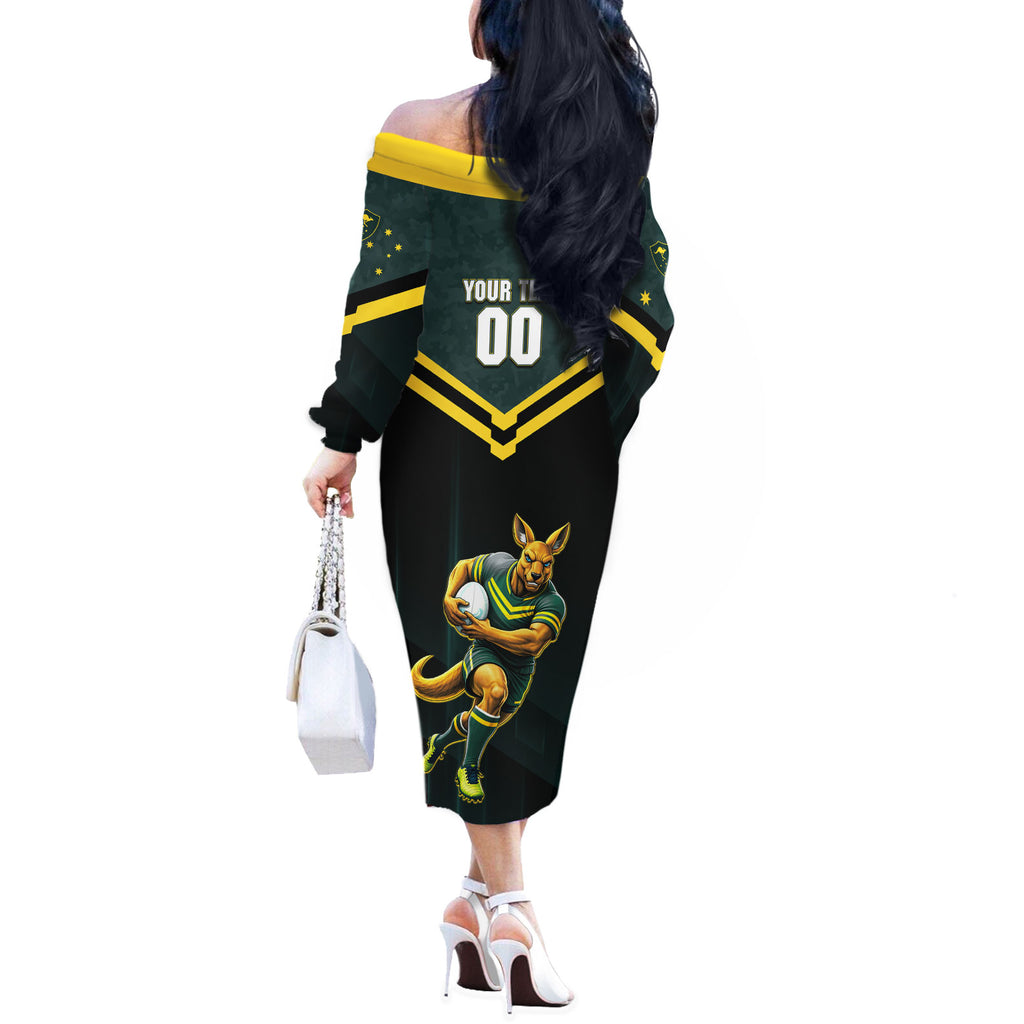 Personalised Kangaroos Rugby Off The Shoulder Long Sleeve Dress Australia Rugby Mascot Green Gold Sport