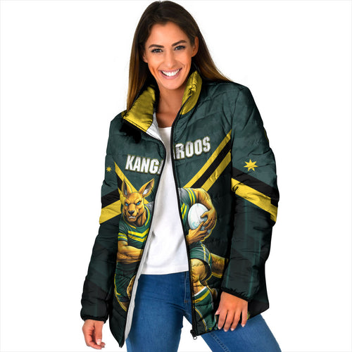 Personalised Kangaroos Rugby Padded Jacket Australia Rugby Mascot Green Gold Sport