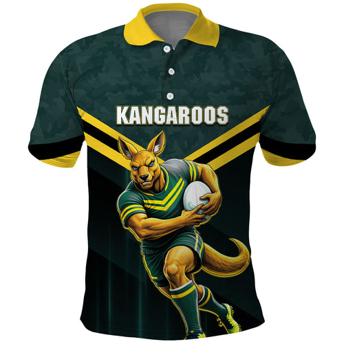 Personalised Kangaroos Rugby Polo Shirt Australia Rugby Mascot Green Gold Sport