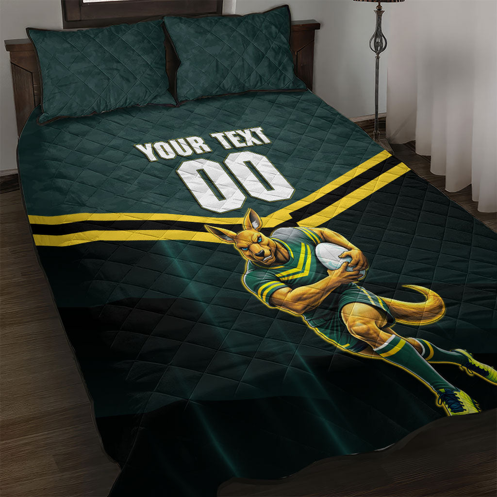Personalised Kangaroos Rugby Quilt Bed Set Australia Rugby Mascot Green Gold Sport