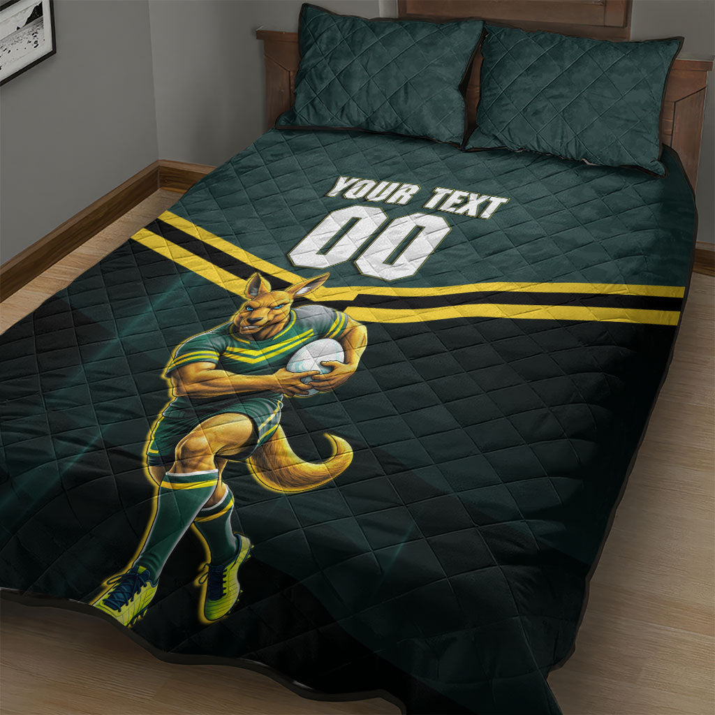Personalised Kangaroos Rugby Quilt Bed Set Australia Rugby Mascot Green Gold Sport