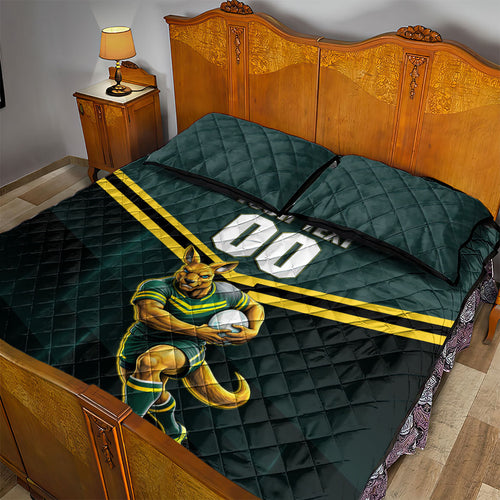 Personalised Kangaroos Rugby Quilt Bed Set Australia Rugby Mascot Green Gold Sport