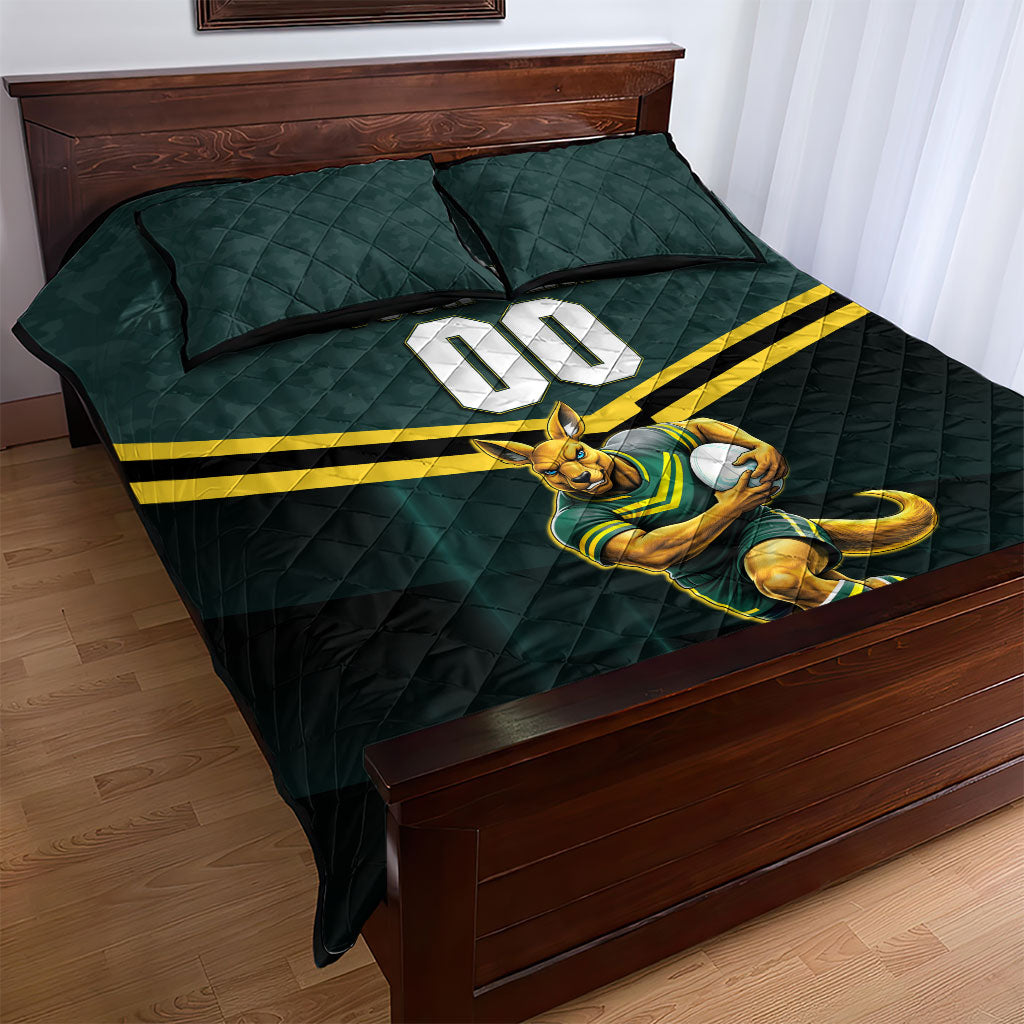 Personalised Kangaroos Rugby Quilt Bed Set Australia Rugby Mascot Green Gold Sport