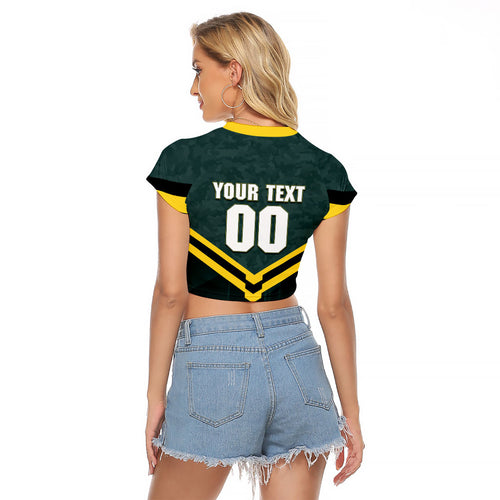 Personalised Kangaroos Rugby Raglan Cropped T Shirt Australia Rugby Mascot Green Gold Sport
