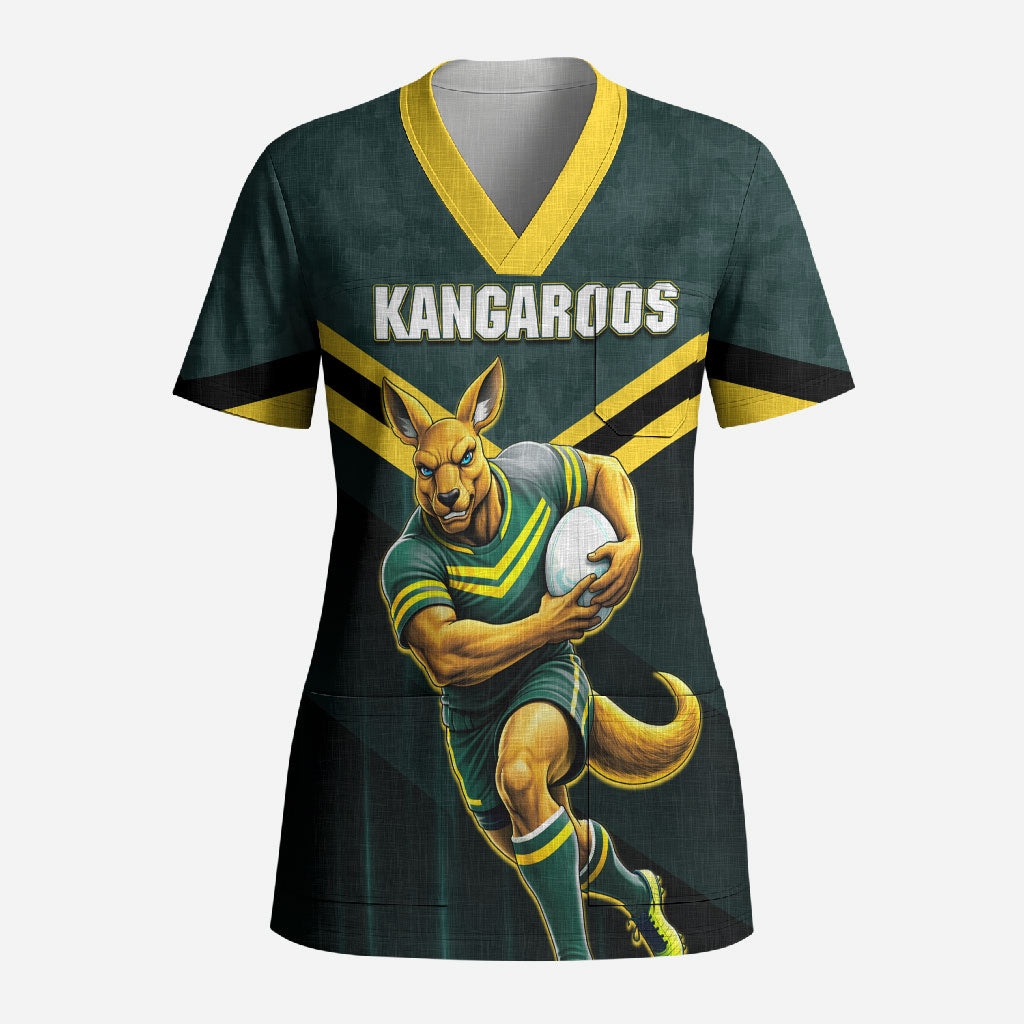 Personalised Kangaroos Rugby Scrub Top Australia Rugby Mascot Green Gold Sport