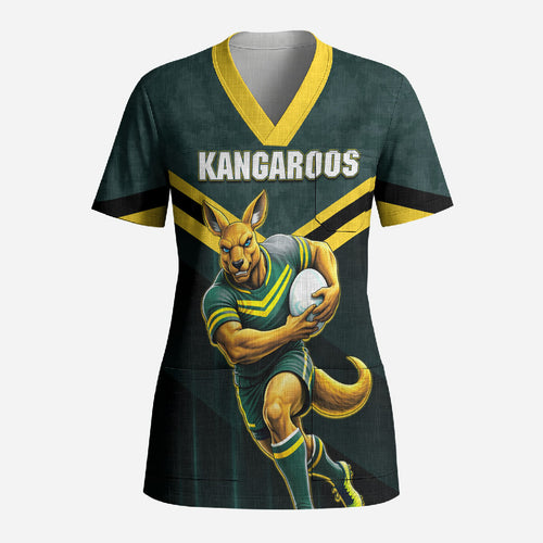 Personalised Kangaroos Rugby Scrub Top Australia Rugby Mascot Green Gold Sport
